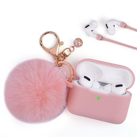 IPHONE iPhone CAAPR-FURB-PK Furbulous Collection 3 in 1 Thick Silicone TPU Case with Fur Ball Ornament Key Chain & Strap for Airpods Pro - Peach Pink CAAPR-FURB-PK
